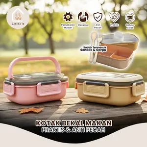 Lunch Box Kotak Makan 2 Tingkat 3 Sekat 1.2L Minimalis Pink Coklat Gratis Sendok Garpu Food Grade