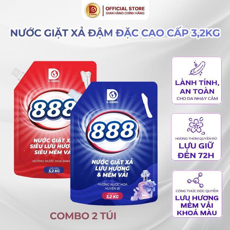  Combo 2 Túi Nước Giặt Xả 888 Hương Nước Hoa Đam Mê và Nước Hoa Huyền Bí Lưu Hương 72 Giờ Làm Sạch Sâu An Toàn Với Da Siêu Mềm Vải Công Nghệ Châu Âu Bền Màu Áo Quần 3.2kg túi 