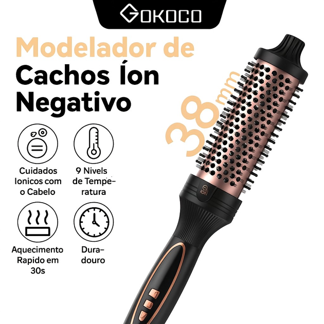 GOKOCO Escova modeladora de íons negativos de 38 mm – 9 ajustes de temperatura, liso ou cacheado, secagem rápida, tecnologia de aquecimento PTC duplo, tecnologia de aquecimento PTC/tecnologia de controle de temperatura NTC/revestimento cerâmico
