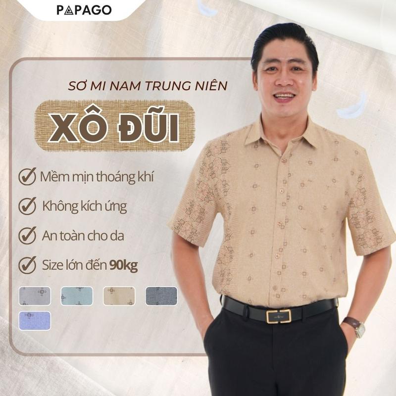Áo Sơ Mi Nam Trung Niên PAPAGO Tay Ngắn Vải Xô Đũi Lai Ngang In Họa Tiết Mát Mẻ - P24SNHT010