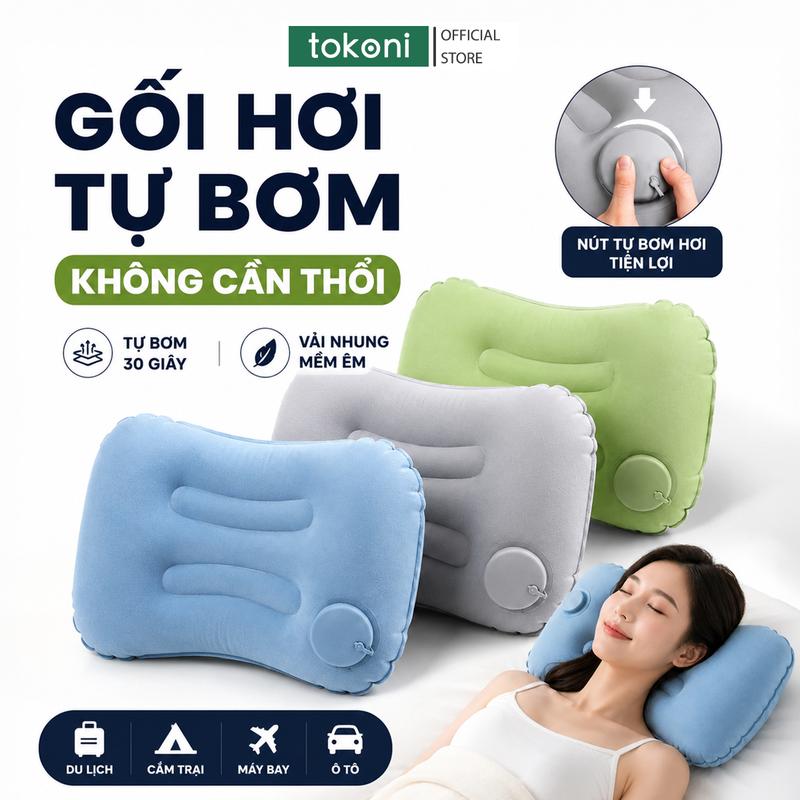 Gối Cổ Tự Bơm Hơi JYohome Gối Kê Cổ Du Lịch Dáng Bo Cong Vải Nhung Không Tì Mặt Đi Ô Tô Máy Bay