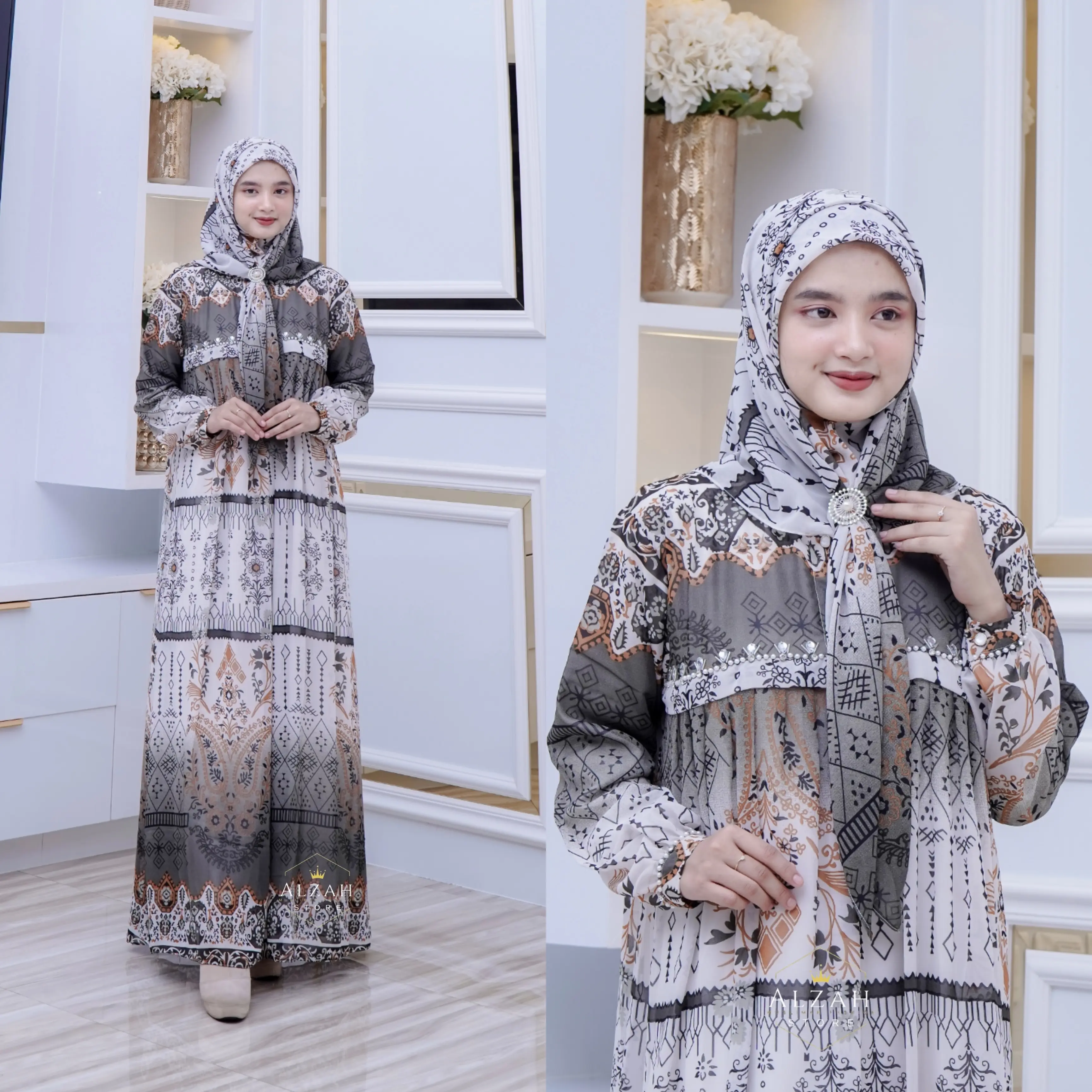 Gamis Set Ceruty Motif Manik Payet Pesta Lebaran Wanita Muslim Panjang Dewasa - Alzah Store Lebaran