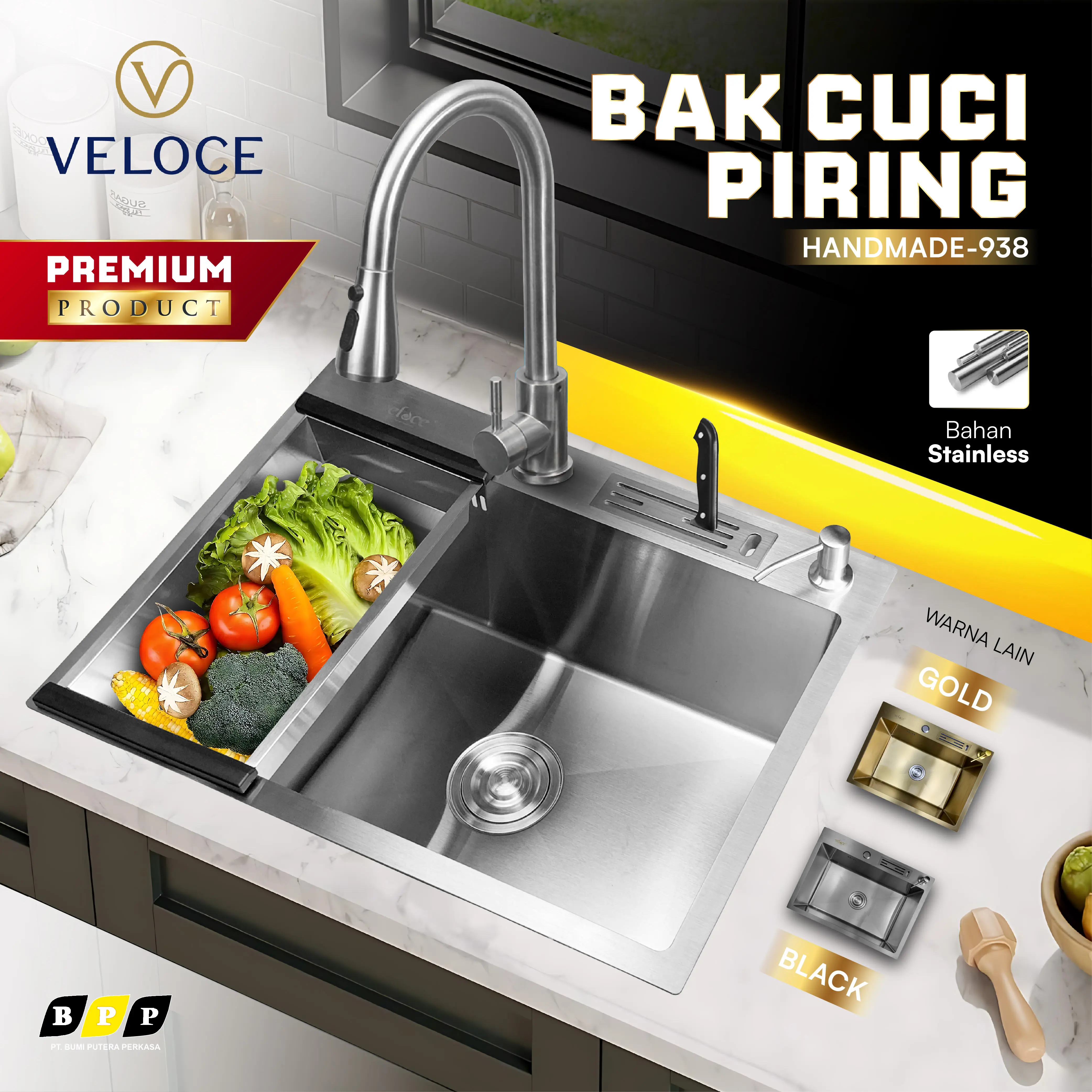 Stainless Steel Kitchen sink Modern Kitchen Sink Luxury Black 1 Bowl 304 /Bak cuci piring Ketebalan 3mm 938 Kran