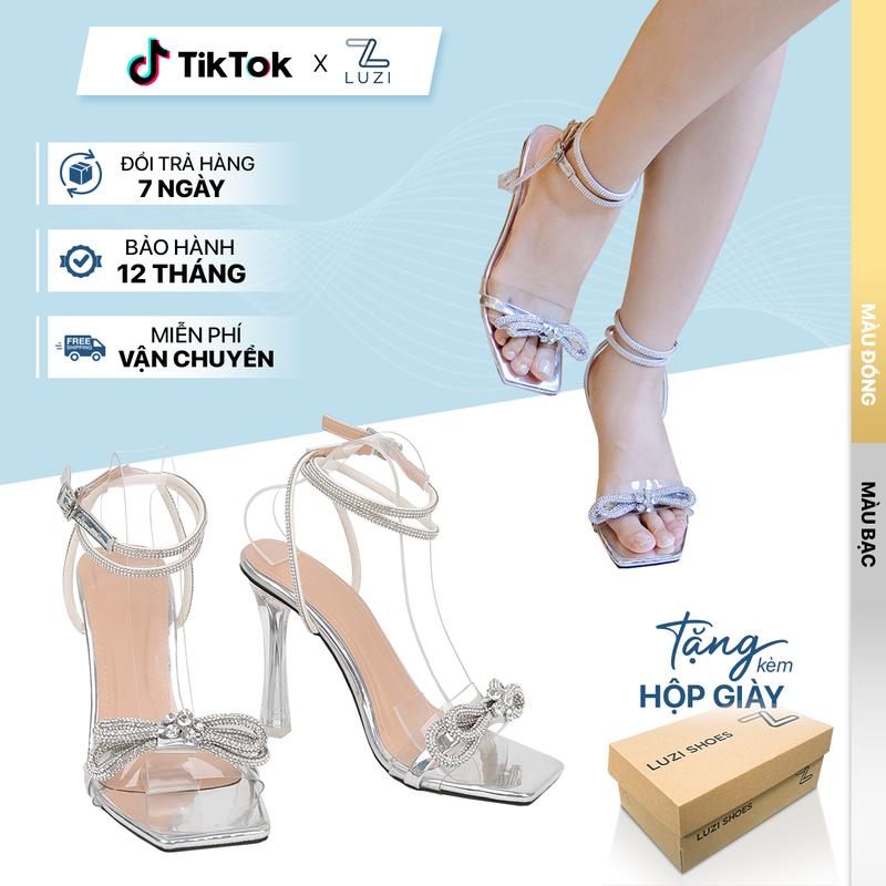 [Hàng FULLBOX] Sandal cao gót quai ngang nơ đính đá, DéP  nữ gót nhọn cao 11p, giày cao gót nữ gắn nơ đá Shoes M93