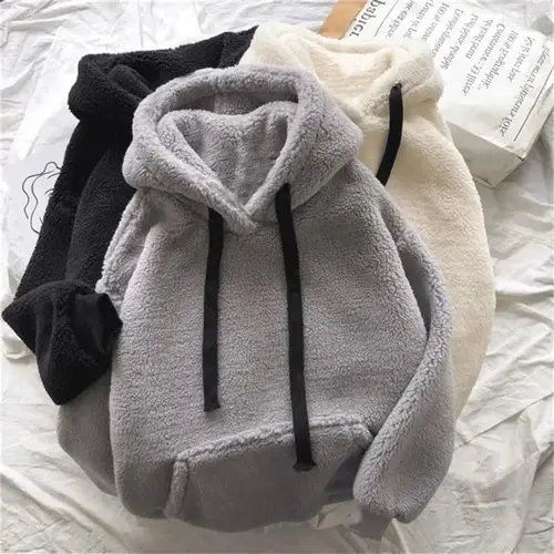 (BISA COD) Jaket Sherpa Polos Unisex - Hoodie dan Jumper - Depan Belakang Polos - Bahan Bulu Domba - Lembut dan Tebal - Size M - Zipper, Hitam