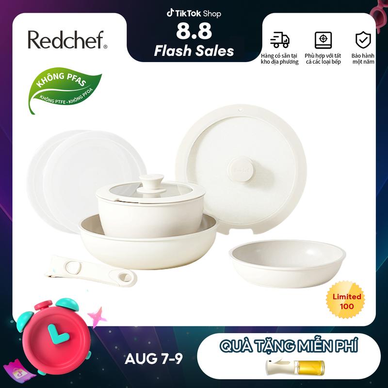 Redchef Bộ 8 Nồi Chảo Chống Dính Không Độc Hại Tay Cầm Tháo Rời Phù Hợp Mọi Loại Bếp Không Chứa PFAS PTFE PFOA