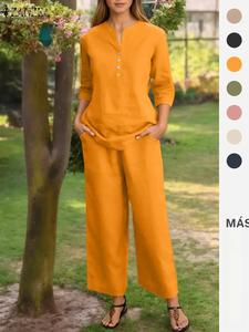 Conjunto de dos piezas para mujer con top sólido de frente con botones y pantalones con bolsillos, top casual de manga 3/4 y pantalones para uso diario, ropa de damas para todas las estaciones, ropa de mujer