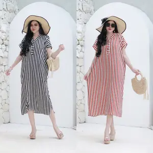 Daster Diora Motif Salur Garis Dress Busui Bumil Frendly Kancing Kain Rayon Crinkle Nyaman Size Jumbo Gaun Tidur Harian