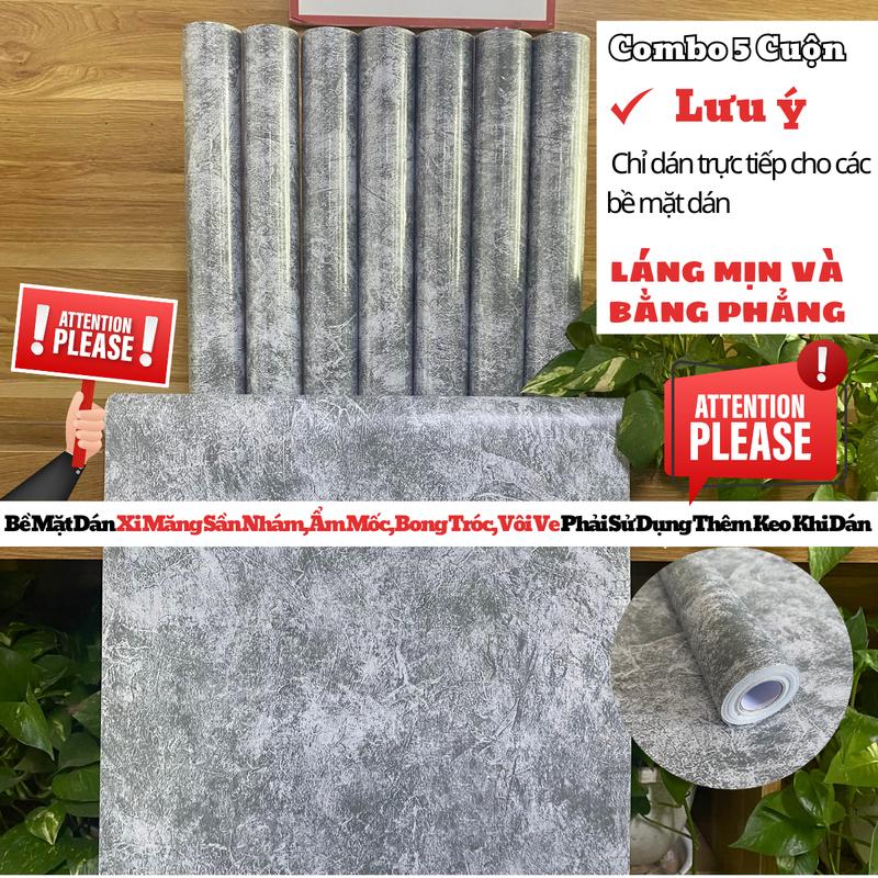  Combo 5 cuộn giấy dán tường phẳng mịn và láng nhẵn màu xi măng dài 10m ngang 45cm mỏng 0.12 - 0.14 mm 