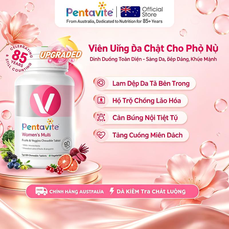 Pentavite Women's Multi Viên Uống Đa Chất Nữ Úc, dinh dưỡng toàn diện từ trái cây rau củ tự nhiên, làm đẹp da, cân bằng nội tiết, phù hợp phụ nữ trưởng thành chăm sóc sức khỏe hàng ngày