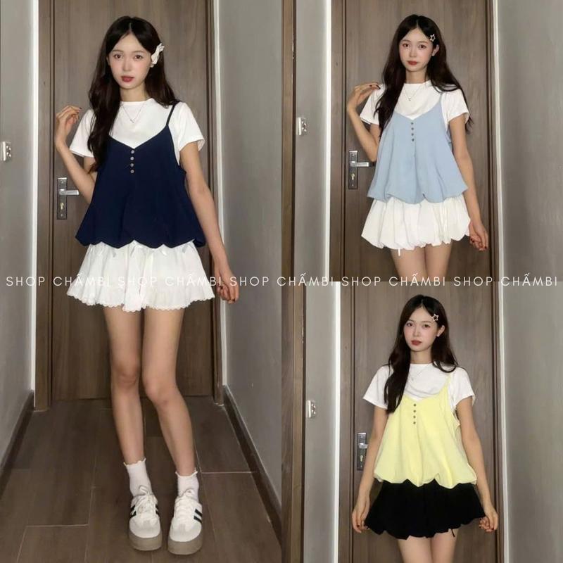 Set áo nữ đi chơi A.754 Set áo croptop trắng thun kèm áo yếm cúc dọc điều chỉnh dây dáng bí 2 lớp - Shop Chấm Bi