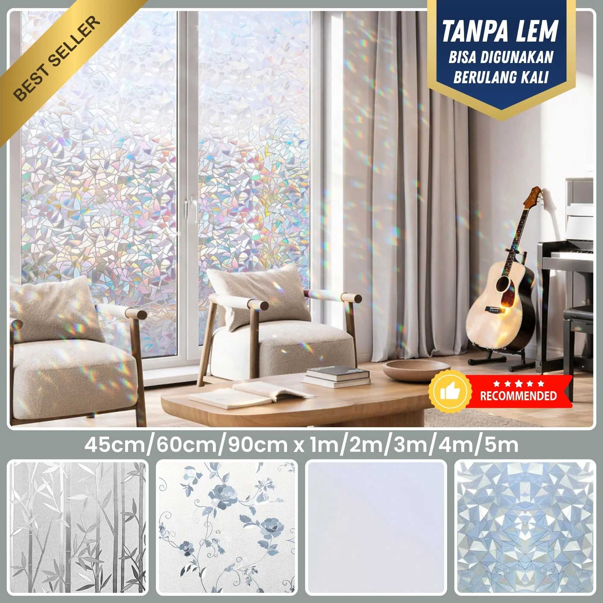 [COD] Stiker Kaca Motif Bulan Sabit 3D Hologram | PVC Tanpa Lem | Privasi Tidak Tembus Pandang | Anti UV Anti Panas | Lebar 45/60/90/120cm | Rumah & Kantor