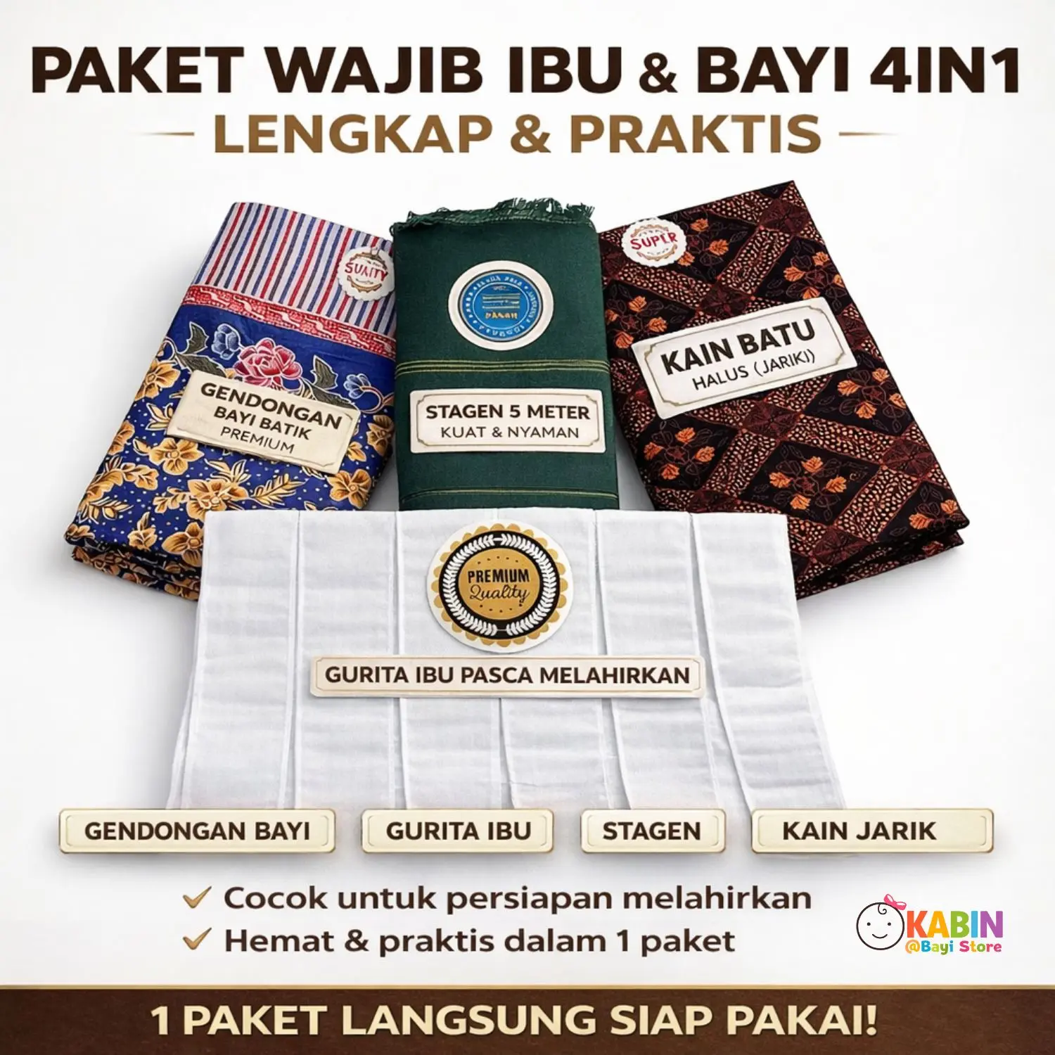 Paket Persiapan Melahirkan Ibu & Bayi 4in1 – Stagen 5 Meter, Kain Jarik, Gurita Ibu, Gendongan Bayi | Perlengkapan Ibu Lahiran Lengkap
