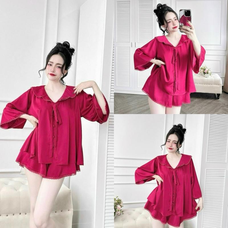  48-80kg Đồ Bộ Tiểu Thư Tay Loe Form RỘNG Quần Xoè Phối Ren Cột Nơ Lụa Latin Freesize Đồ Bộ Nữ Mặc Nhà ngủ 