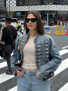 Chaqueta corta de mezclilla para mujer, estilo napoleónico con botones, para todas las estaciones, manga larga, cuello alto y corte entallado; ropa casual retro de calle.