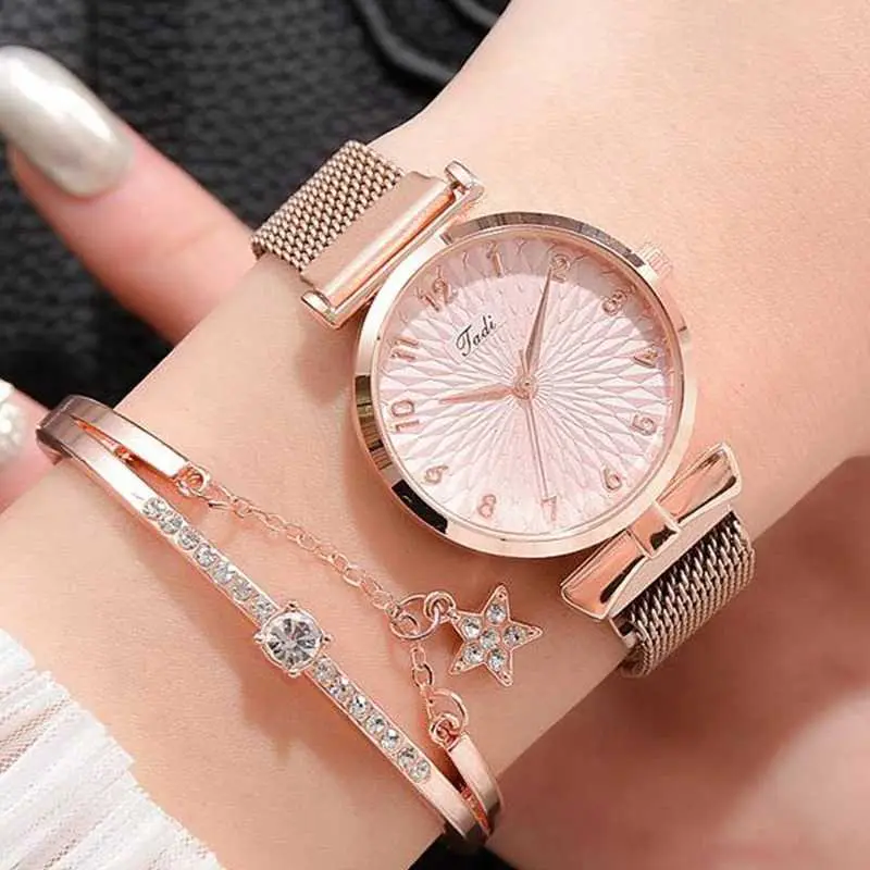 Tadi Jam Tangan Wanita Stainless Steel with Bracelet - LV01 Elegan Kaca Rose