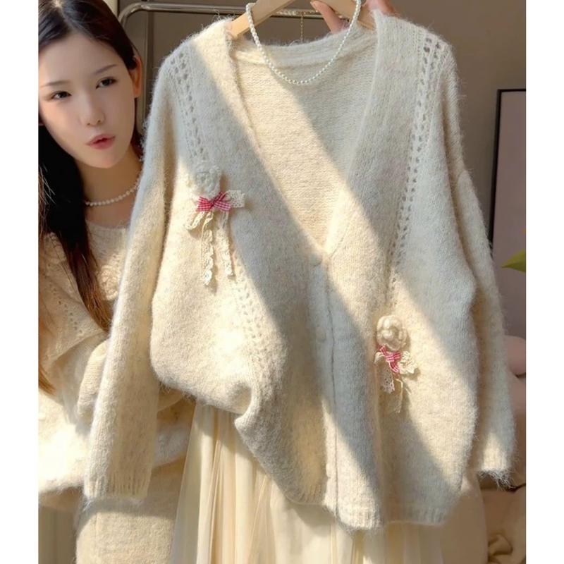  HÀNG QC  Áo len kiểu nữ AL734 chất lông thỏ họa tiết kèm hoa dễ thương dáng khoác cardigan form rộng dài tay thu đông Hàn Quốc Kozoda 