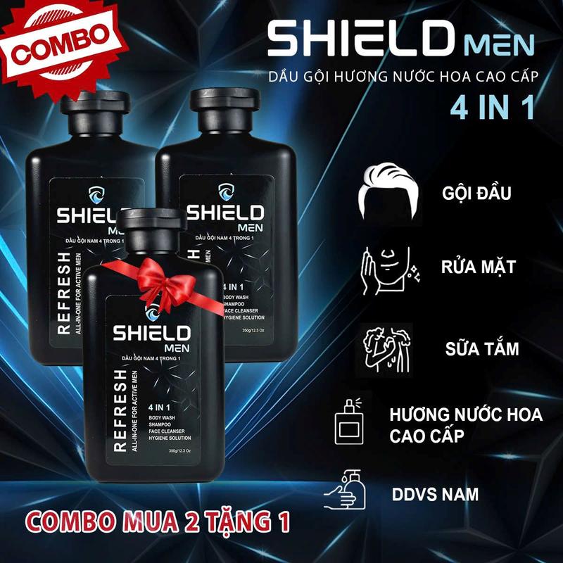 MUA 2 TẶNG 1 Combo 3 chai Dầu gội nam hương nước hoa nam cao cấp 4 trong 1 Shield Men 350 ml Bạc Hà hương nước hoa nam không chứa cồn Dưỡng Tóc Chứa Khử Mùi Hôi Thơm Mát Toàn Thân Chăm Sóc Tóc Nam Giới Dài Lâu Bảo vệ phái mạnh