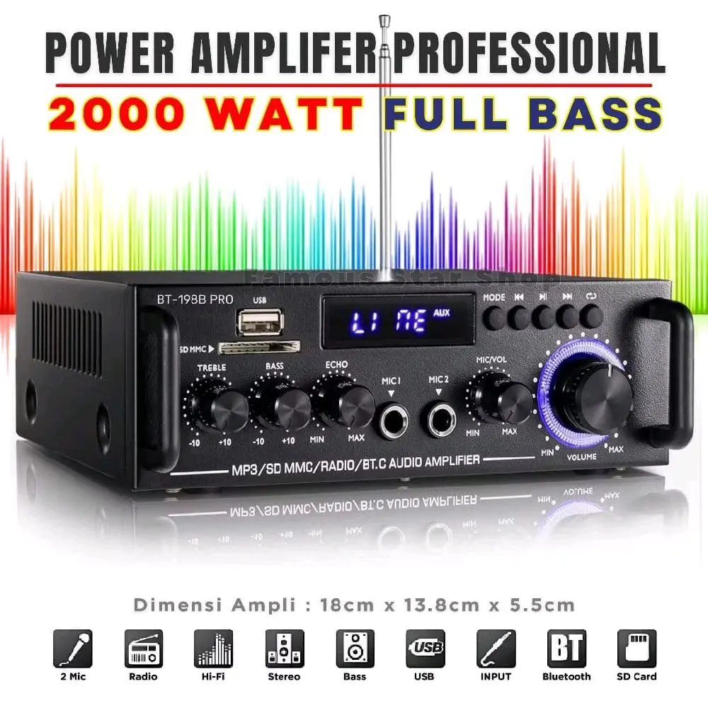 Amplifier fleco F-198BT PRO / MITSUYAMA 2000 watt full bass amplifier Bluethooth karaoke suara jernih