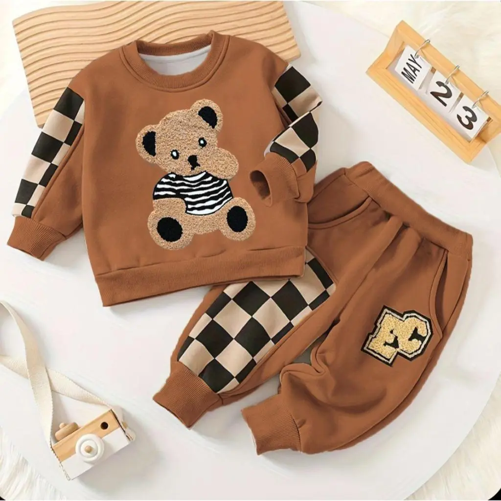 Setelan Baju Anak Lengan Panjang  Motif Beruang dan Celana Panjang 1-5 Tahun