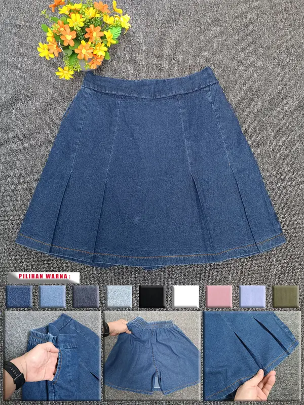 RCP-Rok celana pleated depan Rok belakang celana pinggang karet Santai Wanita Denim Jeans Biru Dewasa Nyaman Standar 0