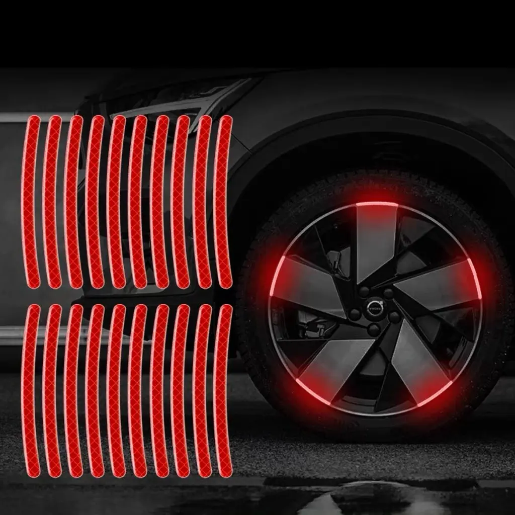 20PCS Reflective Car Wheel Decorative Stripe Stickers, Night Safety Warning Car Stickers, Anti-Scratch Reflective Stickers Car Motorcycle Wheel Safety  Car Decals (Red)