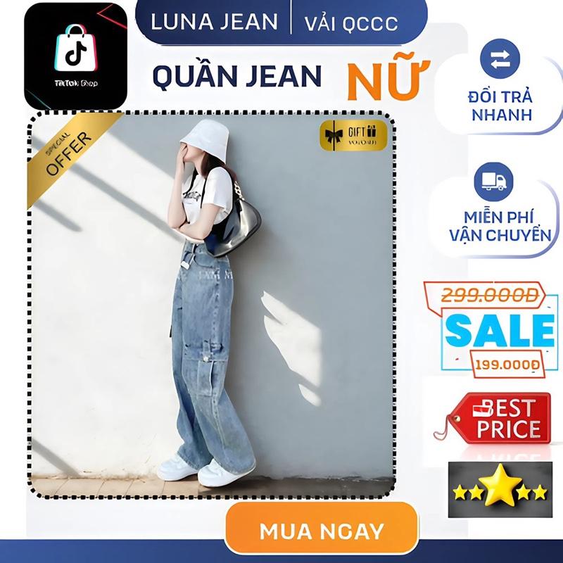   LN709   Quần Jean Suông Túi Hộp Vải QCCC Giành Cho Nữ 39kg- 60kg Túi Hộp To Che Khuyết Điểm Đùi Lưng Cao Vải Mềm Nữ Phong Cách X1993 Quần Jean Ống Rộng Women 