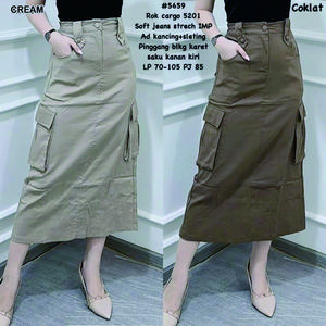 Rok Cargo Dizy Twill Combed Premium Stretch Wanita Ines Skirt Cargo Lembut Melar Samping Standar Formal - Tantra - Panjang, Karet simple Katun Hitam Serut
