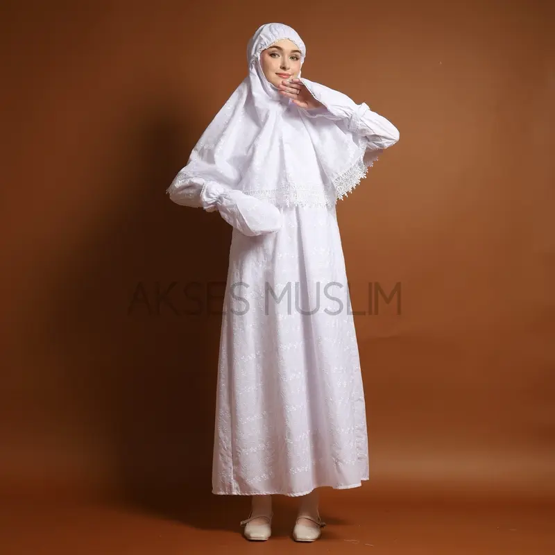 Gamis ihrom wanita gamis putih wanita paket kerudung katun bordir perlengkapan haji dan umroh wanita Bergo Motif Nyaman Muslim Lembut Jilbab Kantong Panjang Setelan Lebaran Dress Jepang 3