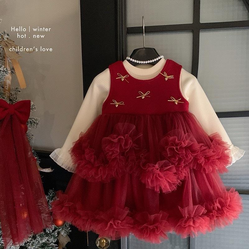 LƯƠNG BÙI KIDS - B123: SET VÁY CÔNG CHÚA DẠ ĐỎ ĐÍNH NƠ LÓT NHUNG ÁO NỈ LÓT NHUNG SIÊU XINH MẶC NOEL TẾT CHO BÉ GÁI QCCC