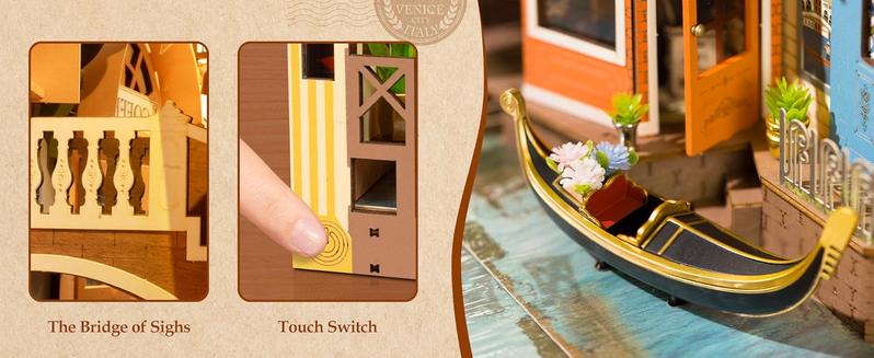 Product Introduction of Robotime Rolife Romantic Venice Book Nook Home Decoration Shelf Insert Kit 3D Wooden Toys Great Gifts for Wife Girls Kids TGB08 Romantic Venice 14
