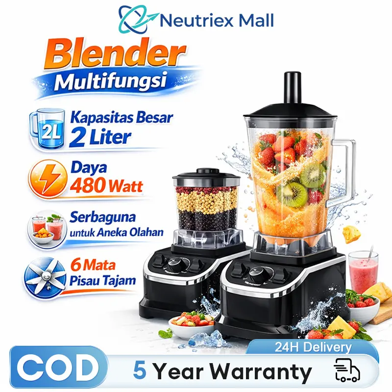 【COD】TIXX Blender Multifungsi Cincin Pelapis Gelas Tunggal atau Ganda 2L 2in1 6 Bilah Chopper Juicer Foodgrade Blender Listrik Kapasitas Besar Pembuat Smoothie Penggiling Kebisingan Rendah Bilah Stainless Steel