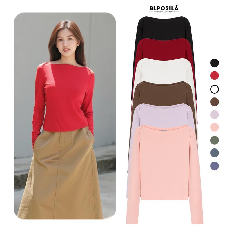 DÁNG LỬNG BI.POSILÁ - ÁO THUN ÔM VỪA BASIC CỔ THUYỀN DÀI TAY VẢI COTTON BORIP MỀM MỊN THOẢI MÁI - Áo Thun Ôm body nữ