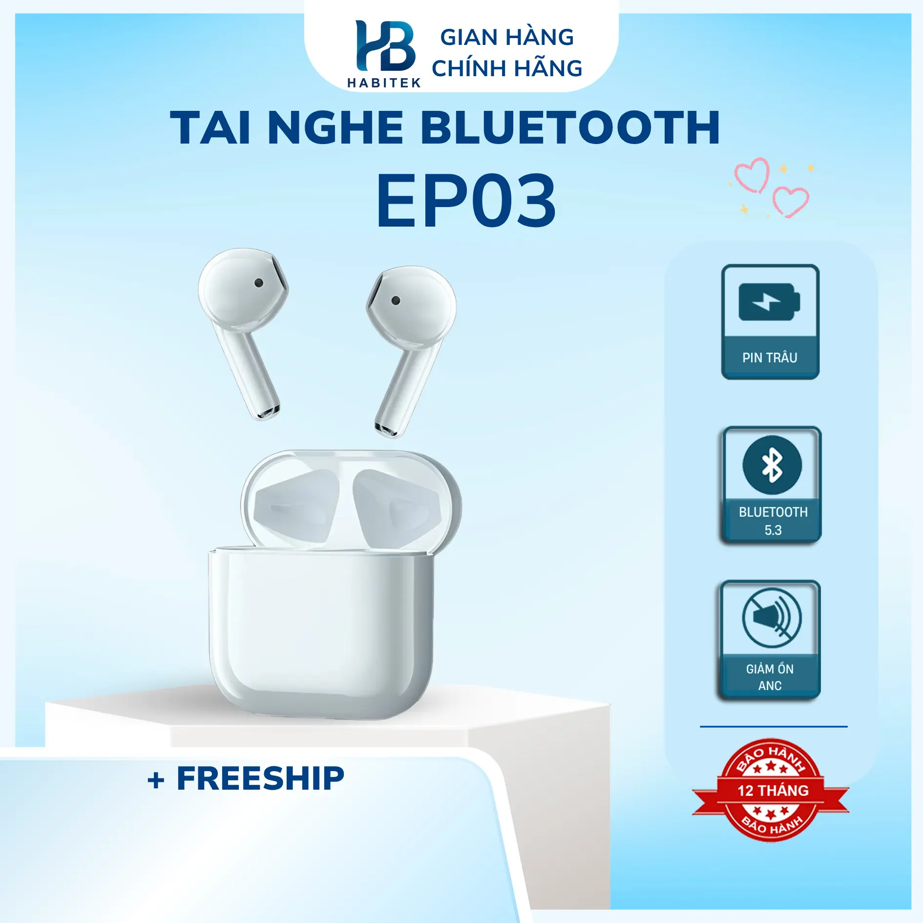 Tai Nghe Bluetooth Habitek EP03 Âm thanh vòm HIFI Có Micro Trò Chuyện, Chức Năng Cảm Ứng, Pin 5h, Thiết Kế Nhẹ Mang Lại Cảm Giác Chân Thực Nhất Nhét Tai Nghe Nhạc Led