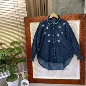 KEMEJA JEANS BORDIR WANITA OBERSIZE TERBARU- ATASAN JEANS BORDIR LENGAN KARET TEROMPET