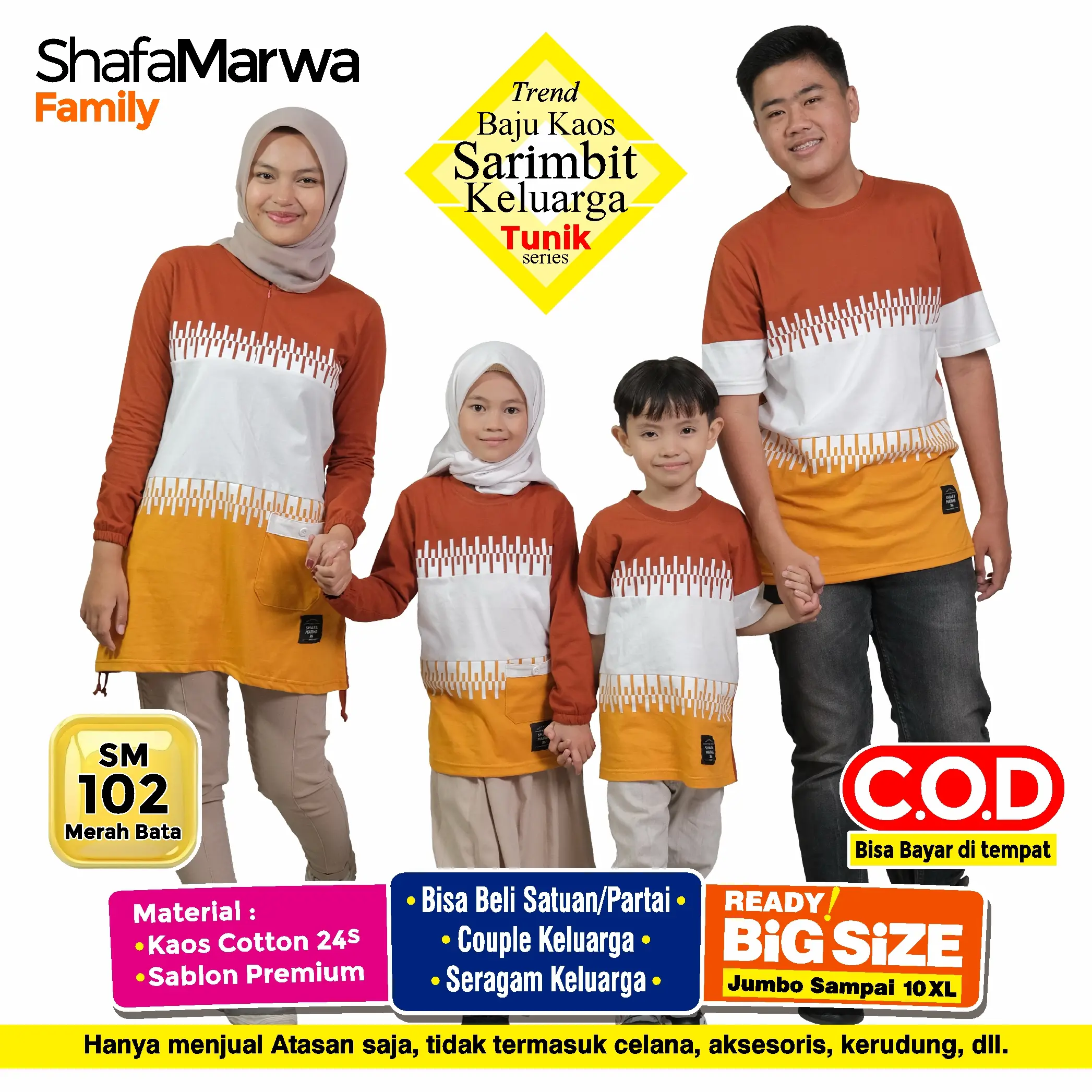 Shafamarwa Kaos Lebaran set Couple Keluarga Baju Atasan Tunik Sarimbit Family Ayah Ibu Wanita dan Anak Cowok Cewek SM102 Merah Bata