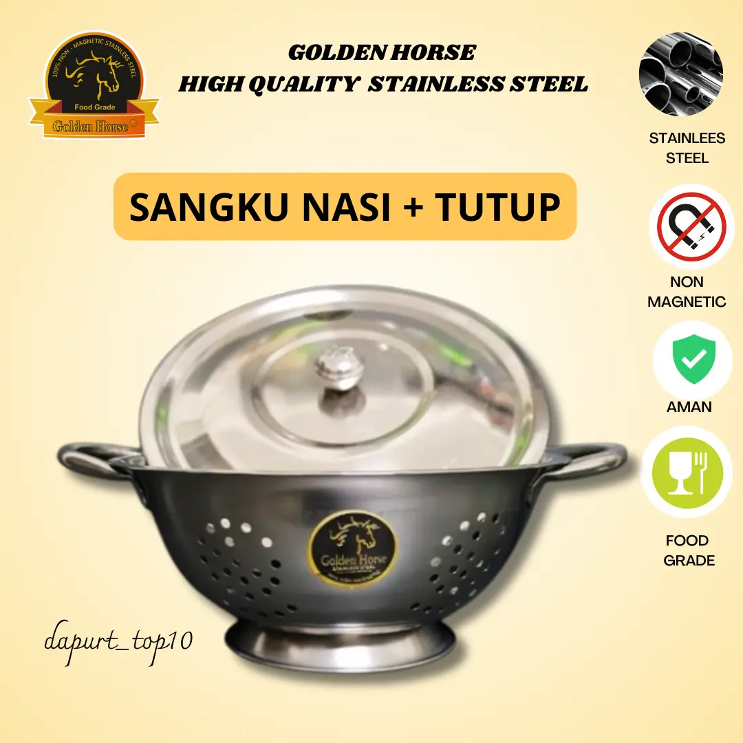 SANGKU NASI + TUTUP STAINLESS ASLI / GOLDEN HORSE/ BAKUL NASI / TEMPAT NASI STAINLESS
