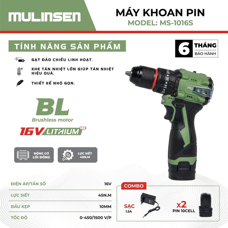   DEAL LIVE  Máy khoan pin 16V - MS1016S Mulinsen Động cơ không chổi than 3 chức năng có búa khoan tường hàng chính hãng bộ đầy đủ 