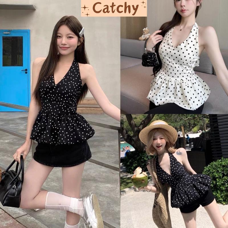 Set Áo Yếm Chấm Bi Dáng Bí Hở Lưng Có Mút Phối Quần Short Đùi Cạp Trễ Xinh Xắn Năng Động Cho Nữ Gen Z Mặc Đi Cafe Đi Biển Mùa Hè CATCHYstore