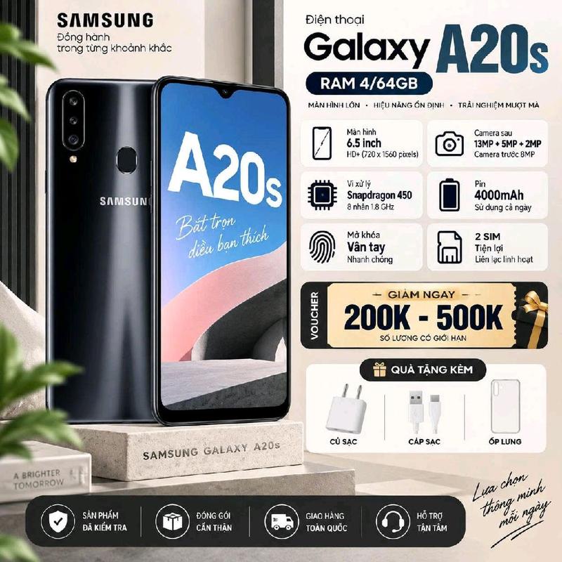 42: 2ND HAND : Điện Thoại Samsung Galaxy A20s Ram 3/32GB ,Màn Hình Lớn 6.65ind ,Sử Dụng 2 xim 2 sóng ,lướt Wed Xem Fim Chơi Game Mượt Mà , Bảo Hành 12 tháng ,Tặng Sạc Cáp Ốp Lưng,sài được mọi áp ngân hàng ạ