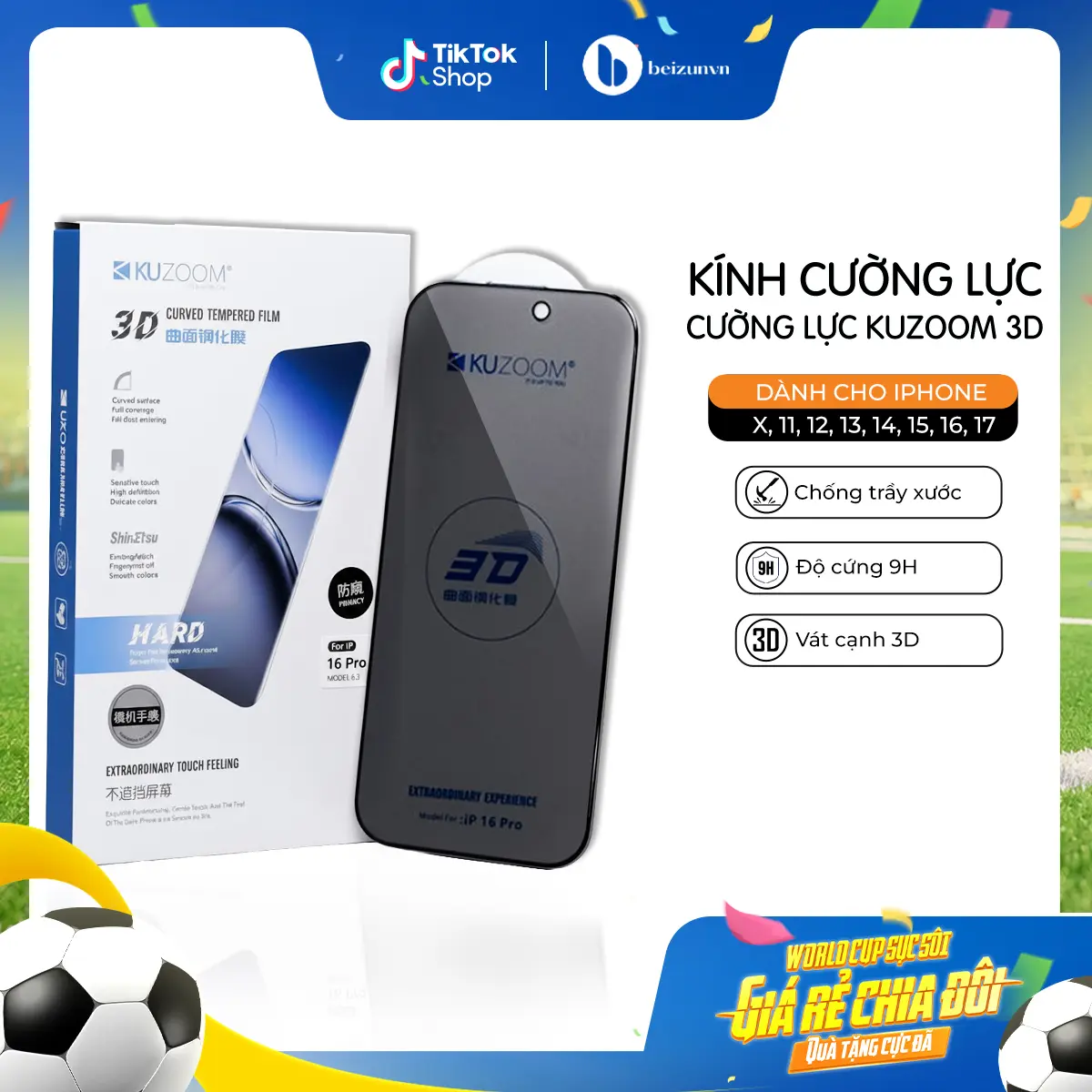 Cường Lực KUZOOM 3D CURVED Trong Suốt/Chống Nhìn Trộm dành cho iphne , viền bo cong ,  bảo vệ máy khỏi va đập trầy xước