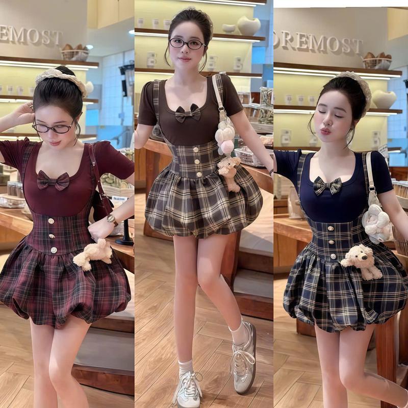  Set đồ nữ áo thun tăm cổ tròn tay ngắn đính nơ phối yếm caro bí sang chảnh xinh xắn trẻ trung cá tính phù hợp cho các nàng diện đi tiệc đi chơi 