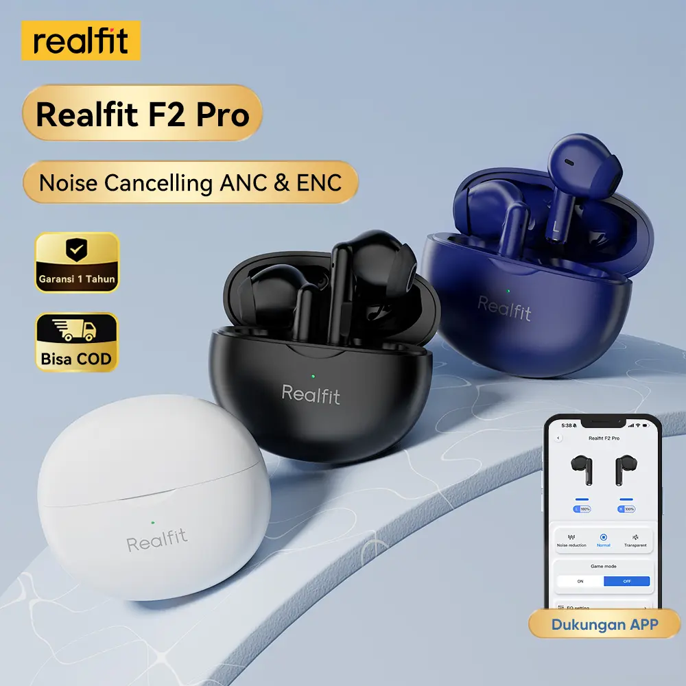 【Bisa COD】Realfit F2Pro Earbuds  ANC  Bluetooth 5.4  Headest Noise Cancelling Mikrofon HIFI Bass Game Mode TWS