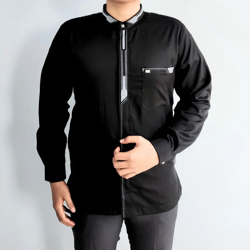 Baju Koko Pria Dewasa Lengan Panjang Manset Hitam Motif Bordir Minimalis M-L-XL-XXL 3
