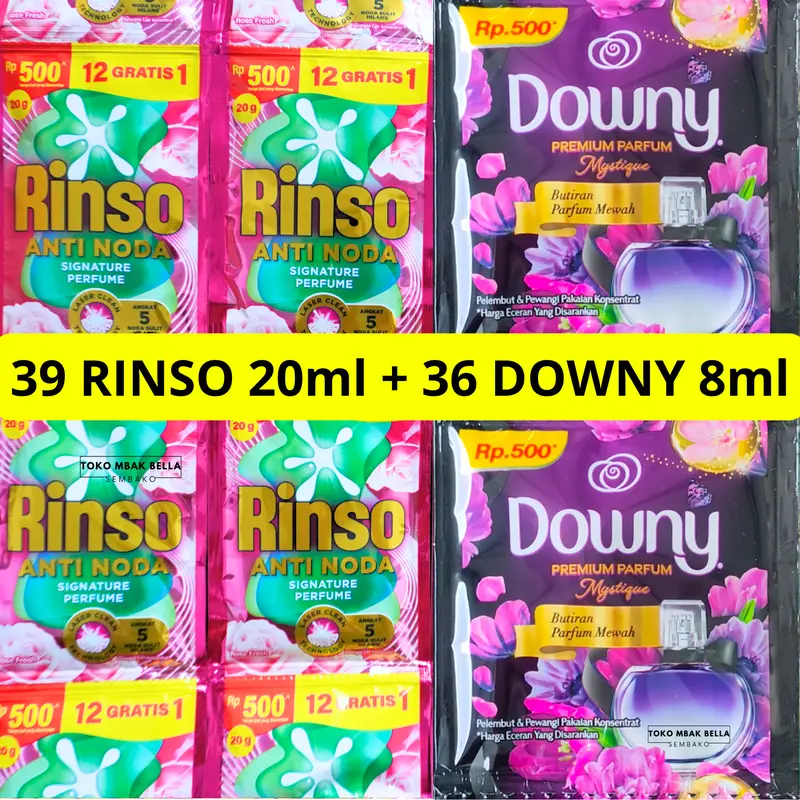 PAKET NYUCI 72-75pcs RINSO + DOWNY Deterjen liduiq pewangi konsentrat rinso 18ml-20ml dan downy 8ml 2