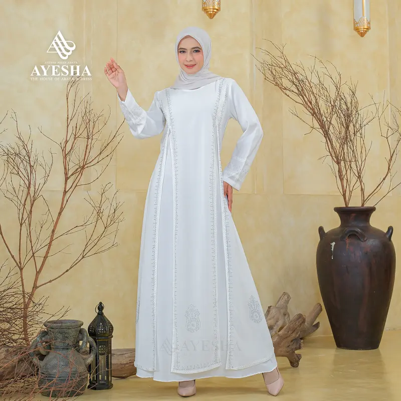 AYESHA Gamis Putih Wanita Kekinian Abaya Turkey Terbaru Mewah Elegan Premium 044 Putih 2