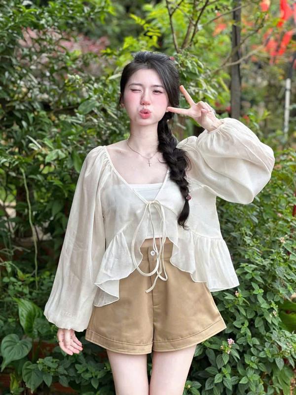 BIGSIZE HIẾU HIẾU (55-95KG) - Set thời trang nữ mùa hè 3 món Áo voan tay dài cột nơ + Áo ống + Quần đùi ngắn S632