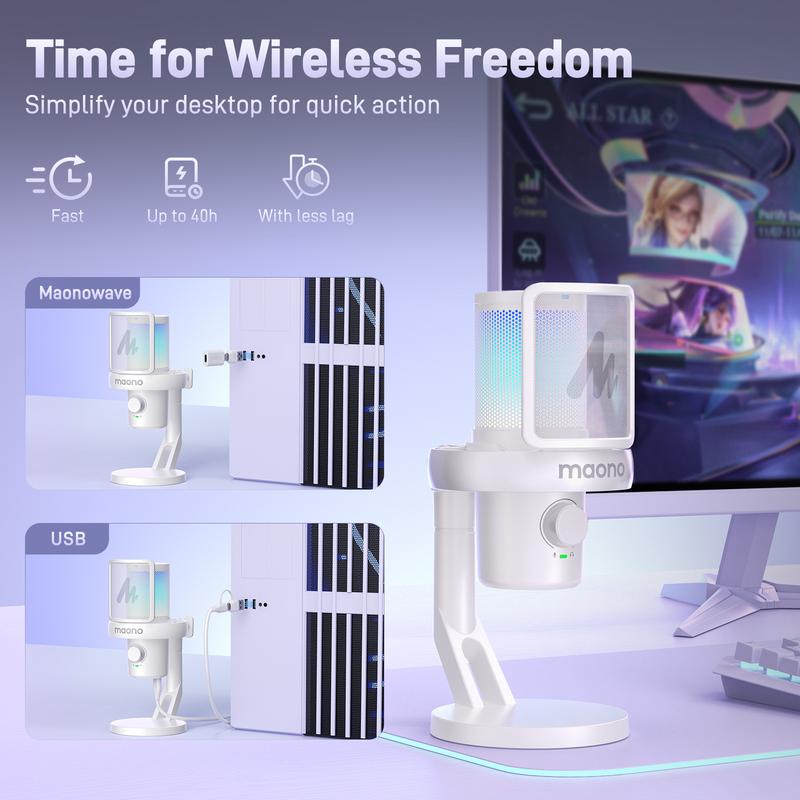  Micro không dây MAONO DM40 Micro khử tiếng ồn AI Mic chơi game RGB với phần mềm Tắt tiếng Giảm tiếng ồn Người thay đổi giọng nói AI Tương thích với PC Điện thoại Chơi game Phát sóng Trực Tiếp Podcasting 