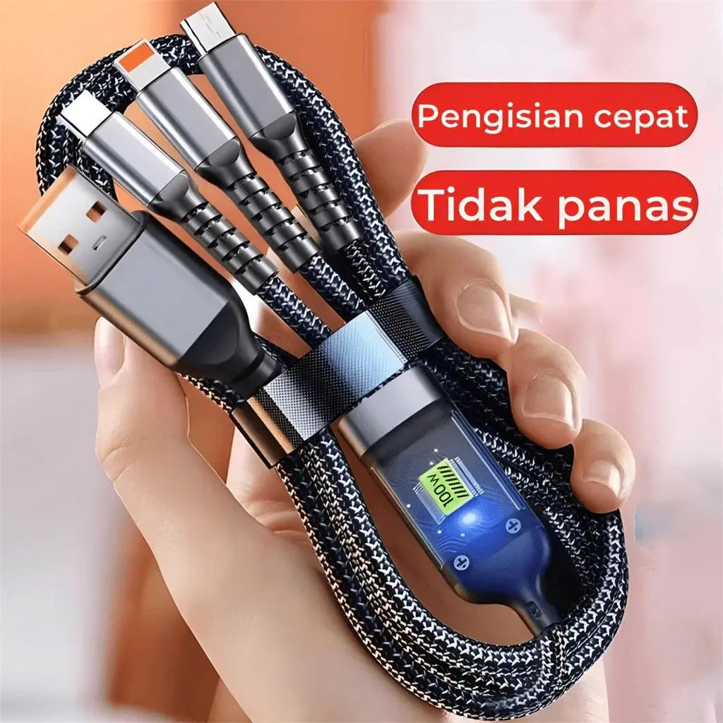 Kabel Data 3 IN 1 100W Fast Charging Cable Lightning Type C USB Micro For iPhone 15 Samsung Xiaomi OPPO VIVO Pilot Lamp Digital Screen Charger