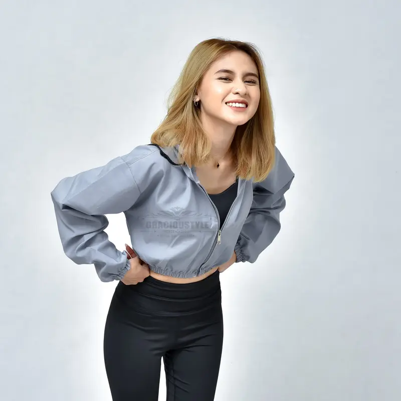 GRACIOUSTYLE - Jaket Crop Wanita Korean Style Jaket Olahraga Wanita Crop Jaket Sport Parasut Running Gym Fitnes Yoga Zumba Anti Air Wanita Cepet Kering Trendy Stylis 3